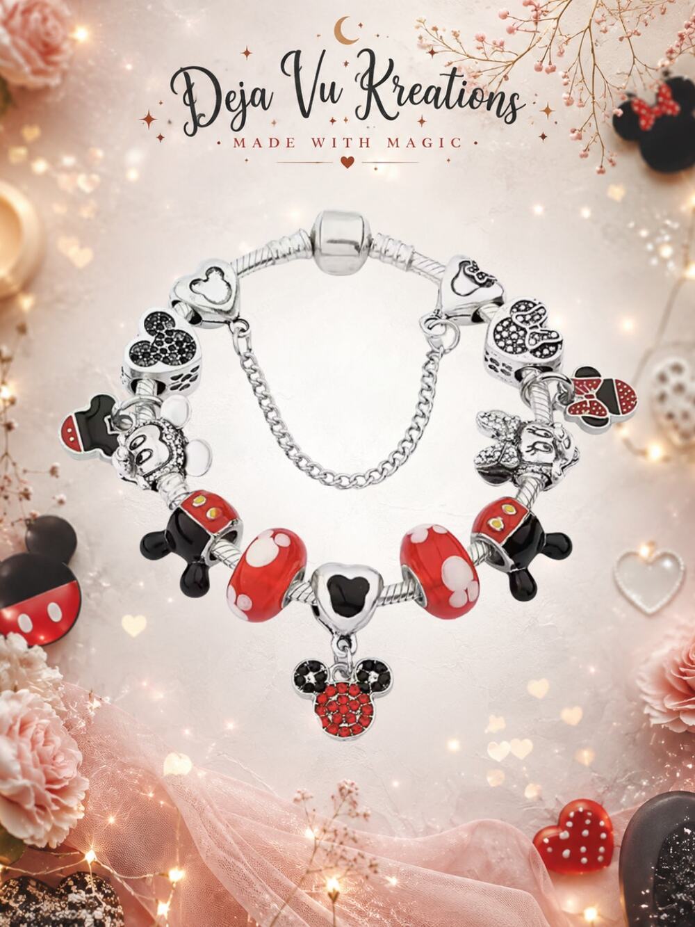 Disney Mickey Mouse Red Rhinestone Charm Bracelet